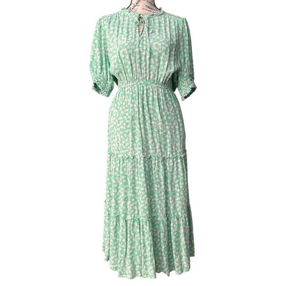 Who What Wear Green Floral Midi Puff Elbow Sleeve Dress in Size Large - Picture 3 of 14